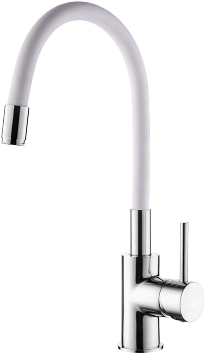 AQG Single Lever Kitchen Faucet, Flexible High Spout and Double Aerator, Modern Style, Easy Installation (White) - ShopVlot
