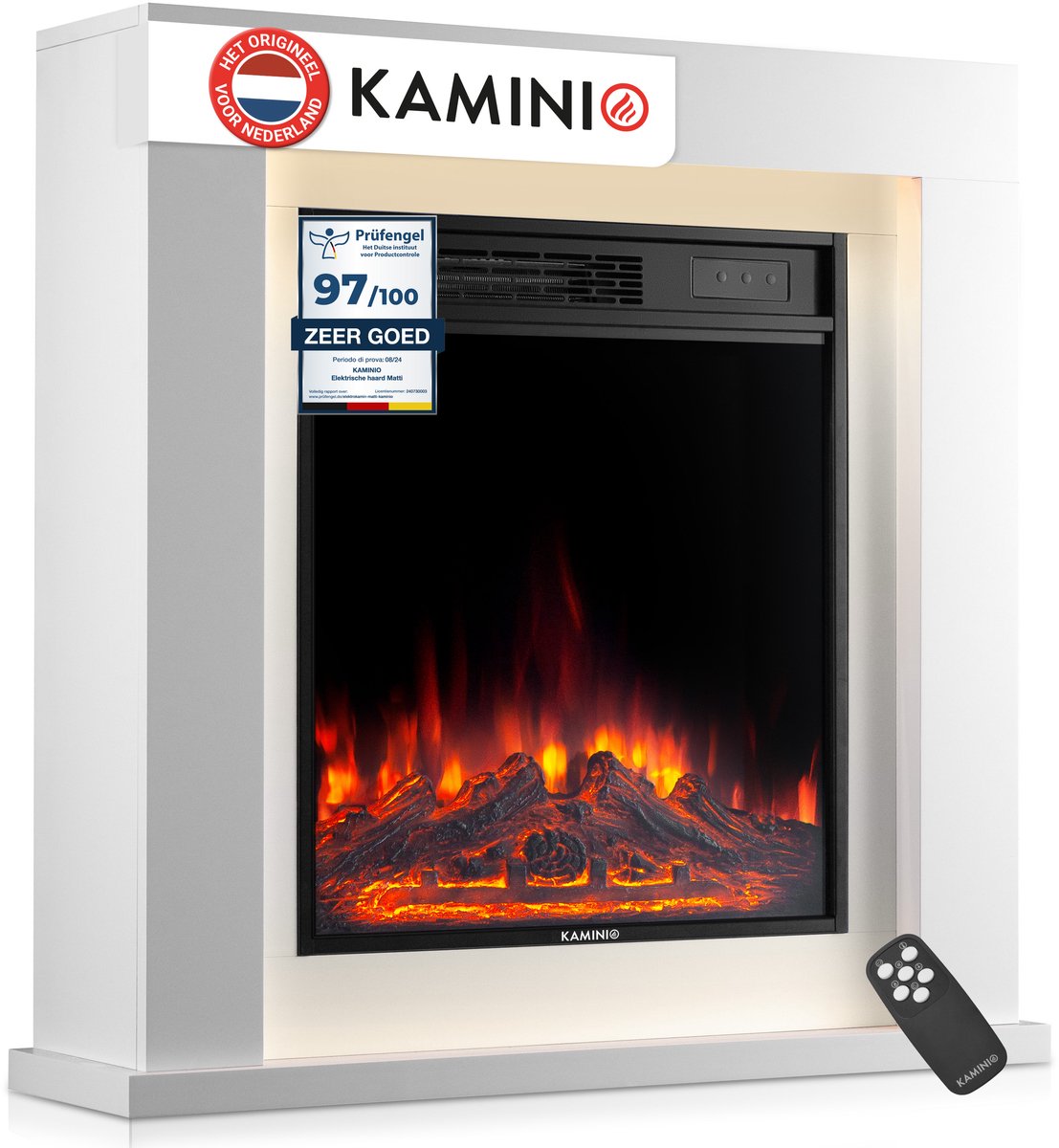 KAMINIO® Matti MODERN 32 Witte elektrische haard met verwarming [Vrijstaande haard] - Elektrische haard, vrijstaand met schouw, 3D-vlameffect in 5 standen, LED-sfeerverlichting, timer, thermostaat, afstandsbediening