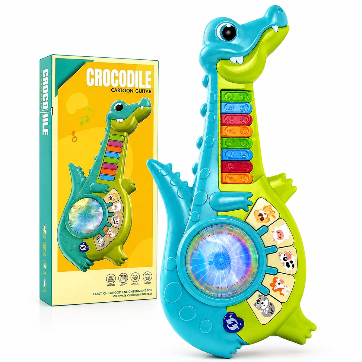 Dinosaurus Muziekspeelgoed Baby - Muzikale Speelgoedgitaar - 3 Speelmodi Piano, Gitaar en Dieren - 8 Interactieve Toetsen - 5 Dierengeluiden - BPA-vrij ABS - Voor Baby’s en Peuters 6-24 Maanden, Thuis en Onderweg
