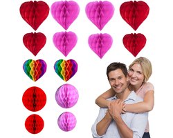 Huwelijksdecoratie hartvormige slinger - 14 stuks gemengde tissue papier pompons - ShopVlot