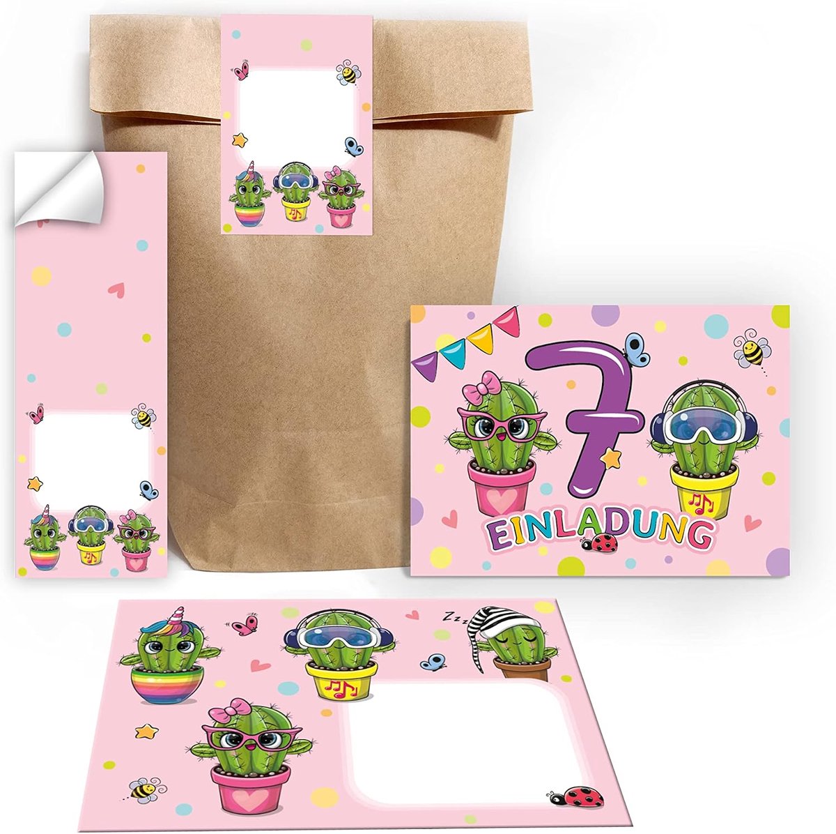 uitnodigingskaarten 7e verjaardag - cactus ontwerp - met enveloppen en stickers - feestelijke uitnodiging - ShopVlot