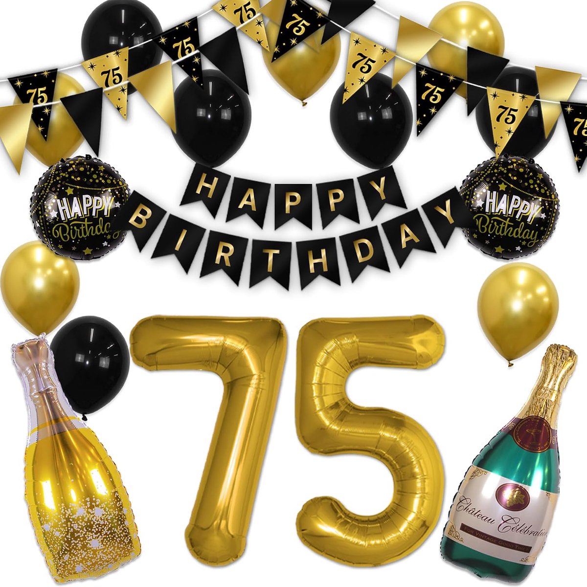 Verjaardagsdecoratie 75 Jaar - Helium Ballonnen - Luxe Zwart & Goud - Compleet Feestpakket - ShopVlot