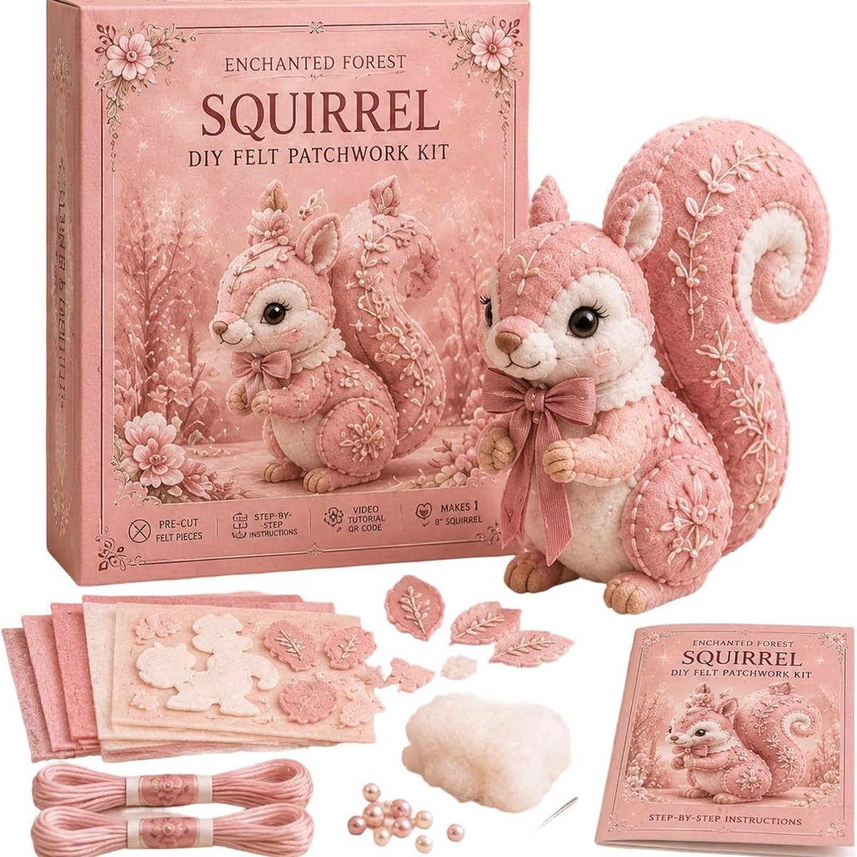 DIY Vilten Patchwork Set - 3D Vilten Naaiset - Magisch Bos Dieren Vilten Naaiset - DIY Stoffen Dier - Handgemaakte Naaikit - Cadeau voor Knutsel- en Handwerkliefhebbers - Roze eekhoorn