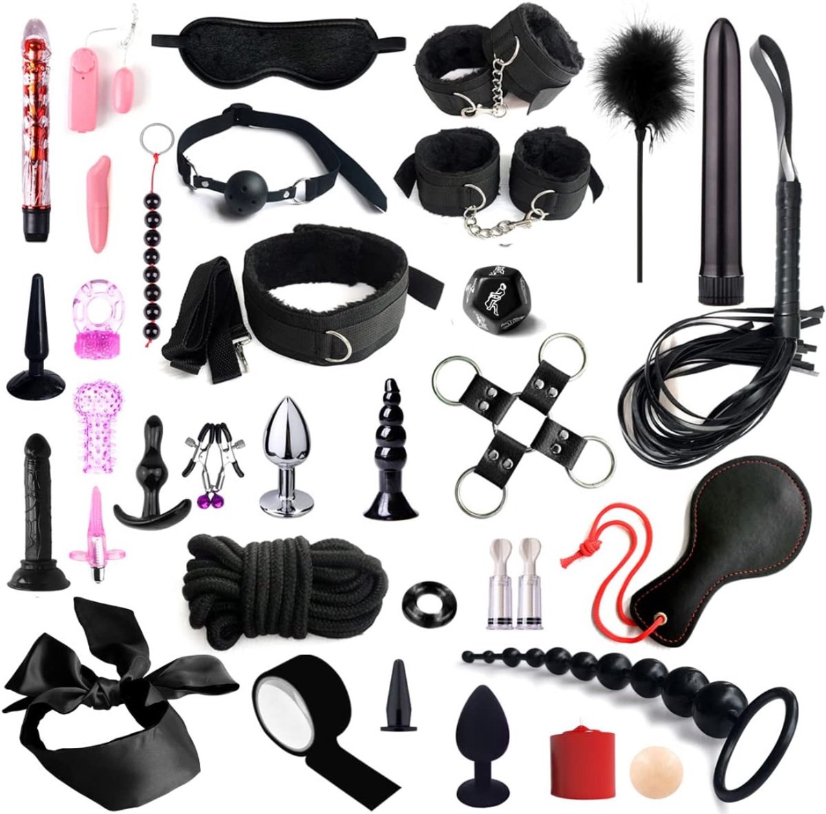 QUOVO® BDSM Extreme - Sex Toys voor Koppels - 35 Stuks - Seksspeeltjes voor Koppel - Zweepje Seks - Shibari Touw – Bondagesets - Sexspeeltjes voor Koppels - Couple Games – Bondagesets – Boeienset, Handboeien, Tepelklemmen, etc - Zwart