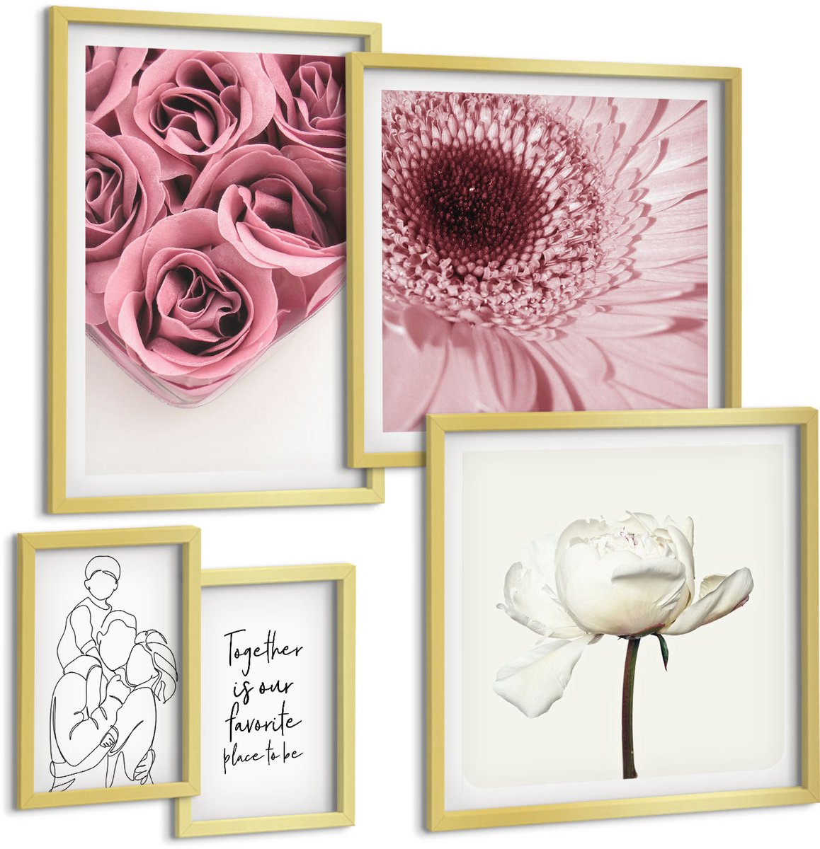 TULUP 5-Delige Schilderij Set - Bloemeninspiratie in romantische boho-stijl - 50 x 50 cm, 20 x 30 cm en 40 x 60 cm - Decoratieve Schilderijen - Woonkamer - Interieur - Moderne Wanddecoratie Gouden lijst