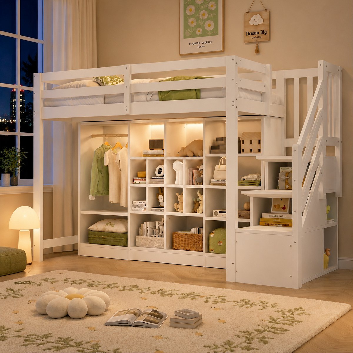 MEUNIQ Hoogslaper 90 x 200 cm met geïntegreerde opbergruimte, eenvoudige kledingkast, LED-verlichting en zijladder voor kinderkamer of jeugdkamer, wit