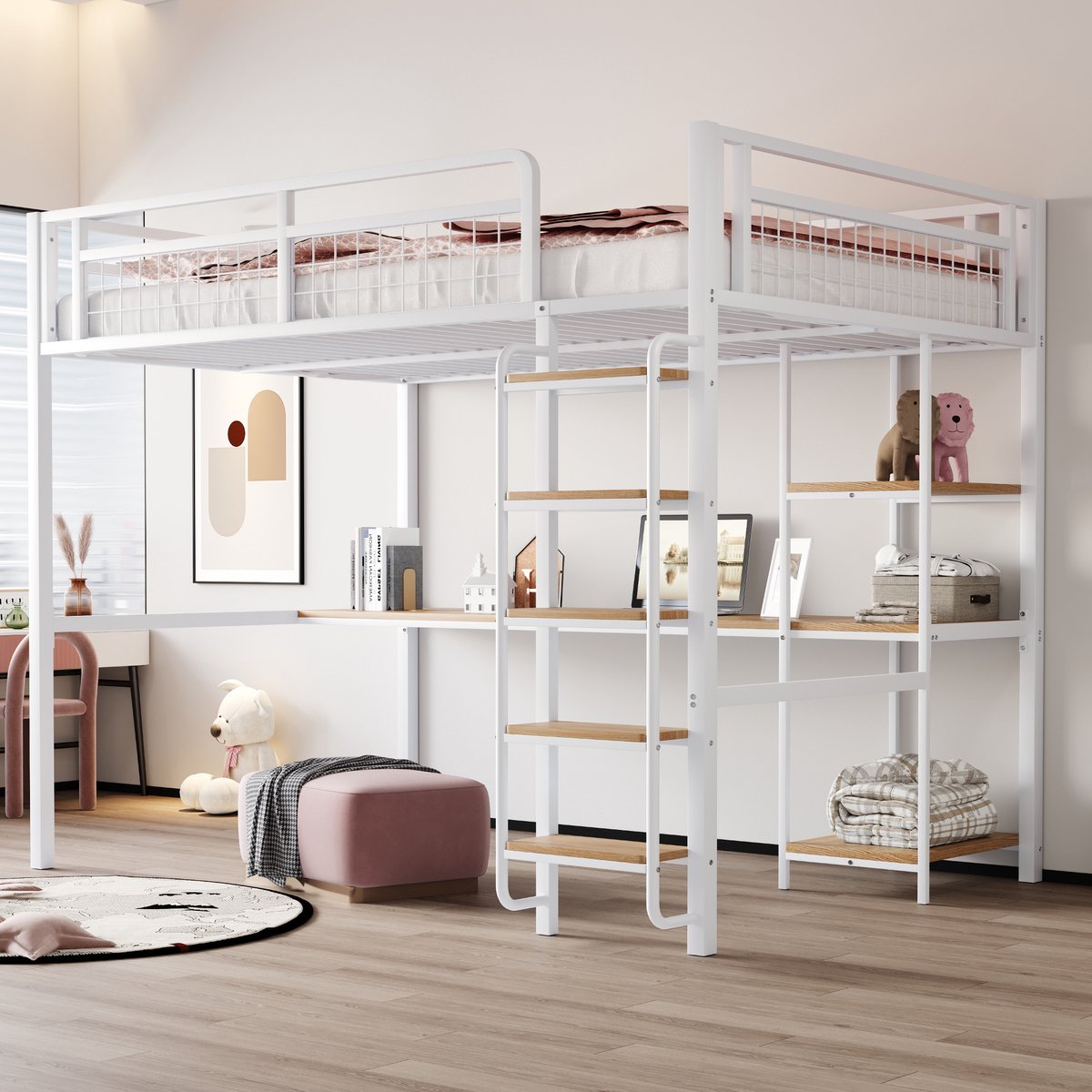 MEUNIQ Metalen hoogslaper 140 x 200 cm met veiligheidsladder, geïntegreerd bureau en legplanken, kinderkamer en werkruimte, wit Zwart