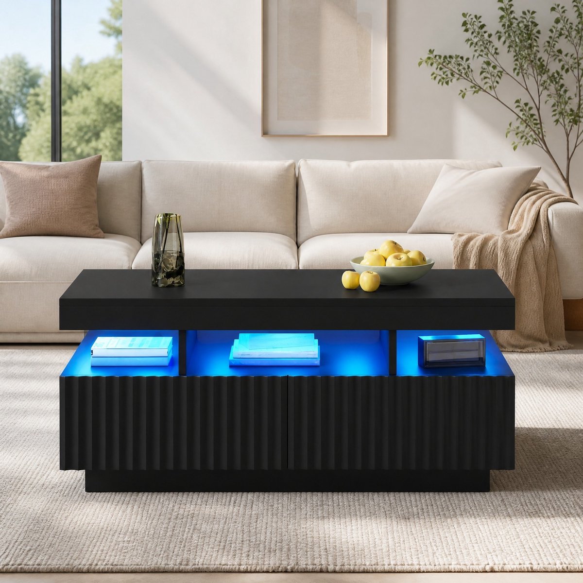 Salontafel - Met Twee Lades En LED-Lichtstrip - Voor Woonkamer - Spaanplaat - 100 x 50 x 45 Cm - Zwart