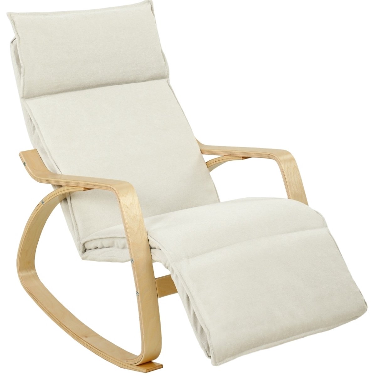 Schommelstoel Fauteuil Met Verstelbare Voetensteun En Armleuningen Voor Woonkamer En Leeshoek – Crèmewit – Stof – Hout