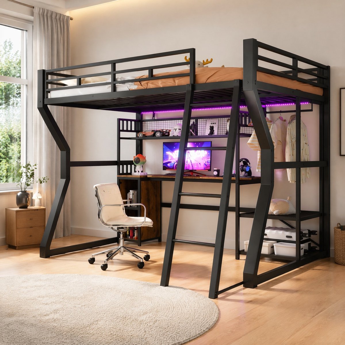 MEUNIQ Hoogslaper 140 x 200 cm met bureau, lichtstrip, stopcontact en kleedgedeelte – met opbergruimte – zwart