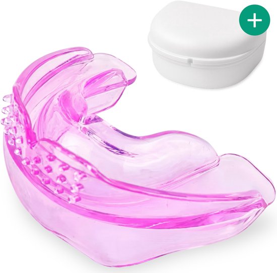 Roze anti-knarsbitje met opbergdoosje.