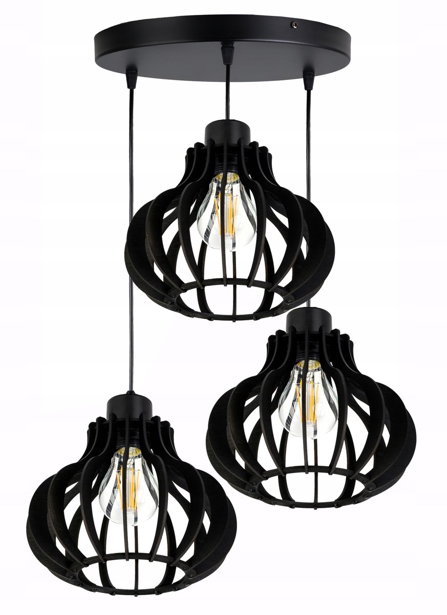 Zwarte Loft Hanglamp met Hout, 3x E27 Fitting, Verstelbaar