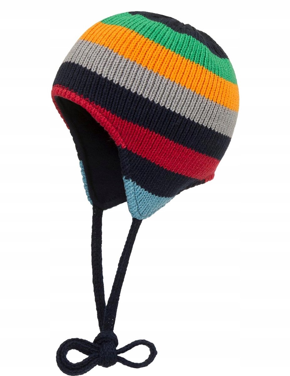 Baby muts met strik, blauw gestreept, maat 39