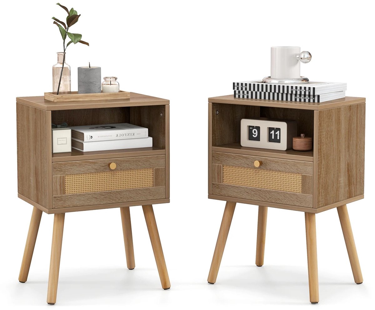 ArtiZo nachtkastje rotan set van 2 - boho stijl - met lade - open ruimte - massief houten pootjes - 40 x 30 x 60,5 cm