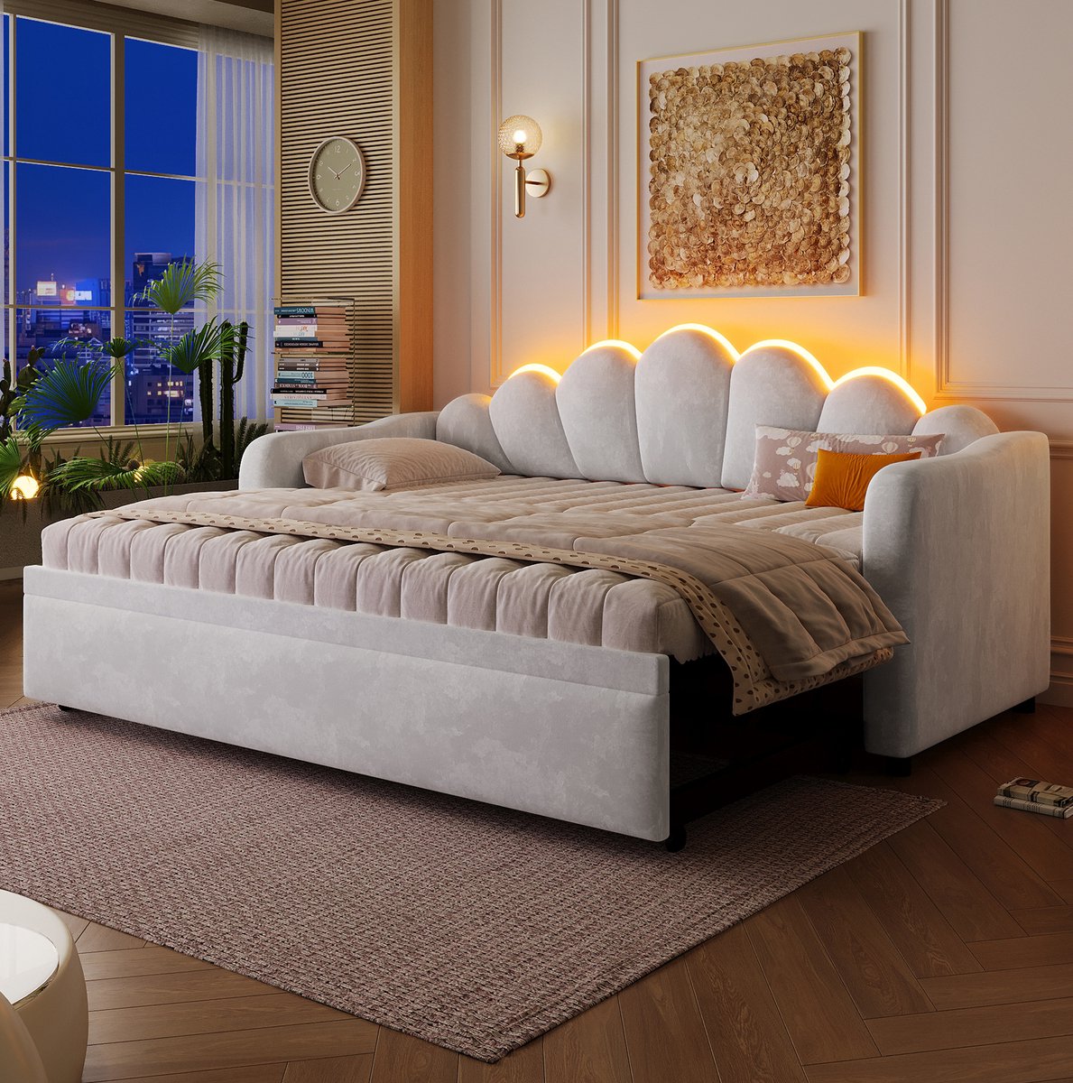 Wishdor Bedbank 90x200 cm - Uitziehfunctie met led-verlichting - Gestoffeerd ontwerp met lattenbodem - Grijs - Voor volwassenen
