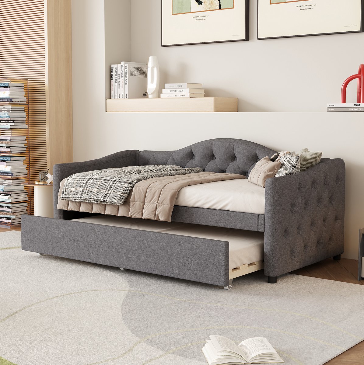 Wishdor Slaapbank 90x200 cm - Uitziehbaar bed - Minimalistisch design - Grijs - Linnen en mdf - Met lattenbodem - Zonder matras - Voor woonkamer en slaapkamer