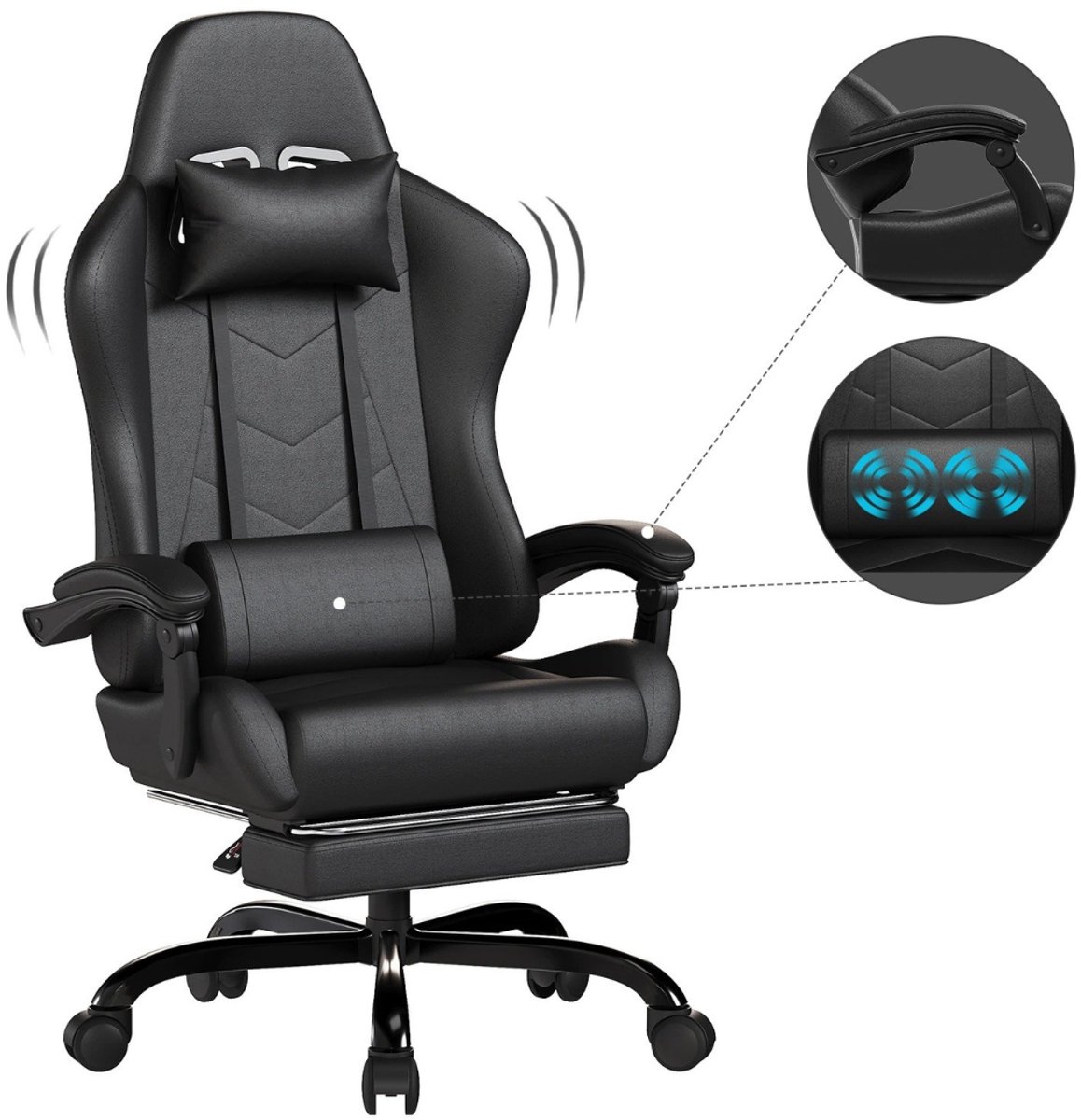 Bureaustoel - Gamestoel - Massagestoel - Massagefunctie - Ergonomisch - Kantelbaar - Met Voetsteun - Zwart