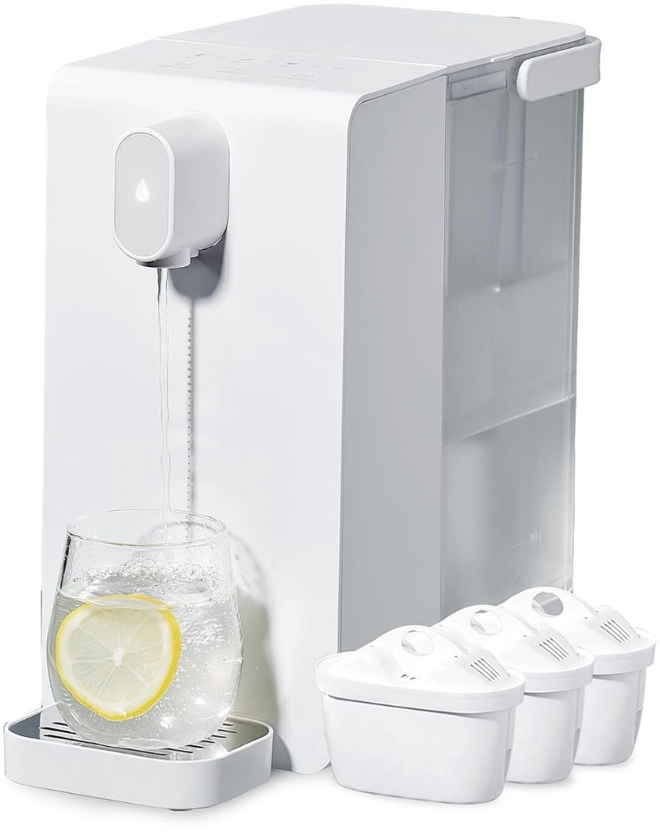 QUOVO® Heetwaterdispenser - Luxe Instant waterkoker - Heetwatertap – Warmwater Dispenser – Met 3 Filterpatronen – 3.4 Liter Inhoud - Wit - 34cm x 21cm x 25cm