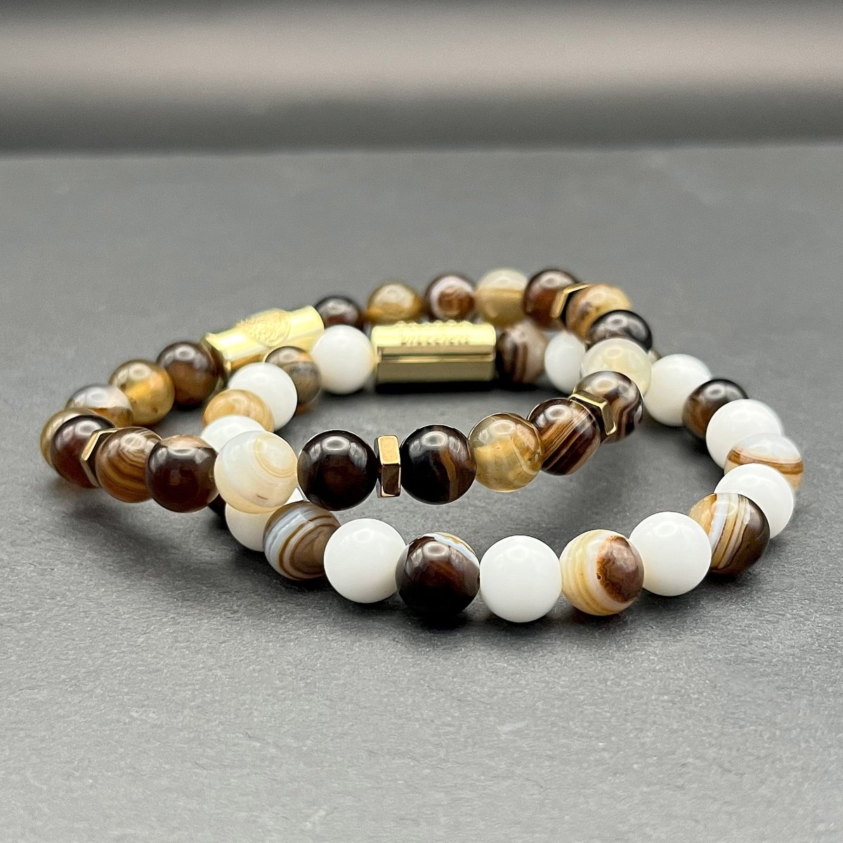 Dragon Bracelets® - Dames Armband - Essentials Cappuccino Duo - Bruin - Wit - Natuurstenen - Set van 2