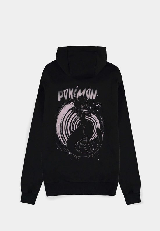 Zwarte hoodie met op de achterkant een roze print van Pokémon Mewtwo met 'Pokémon' erbij.