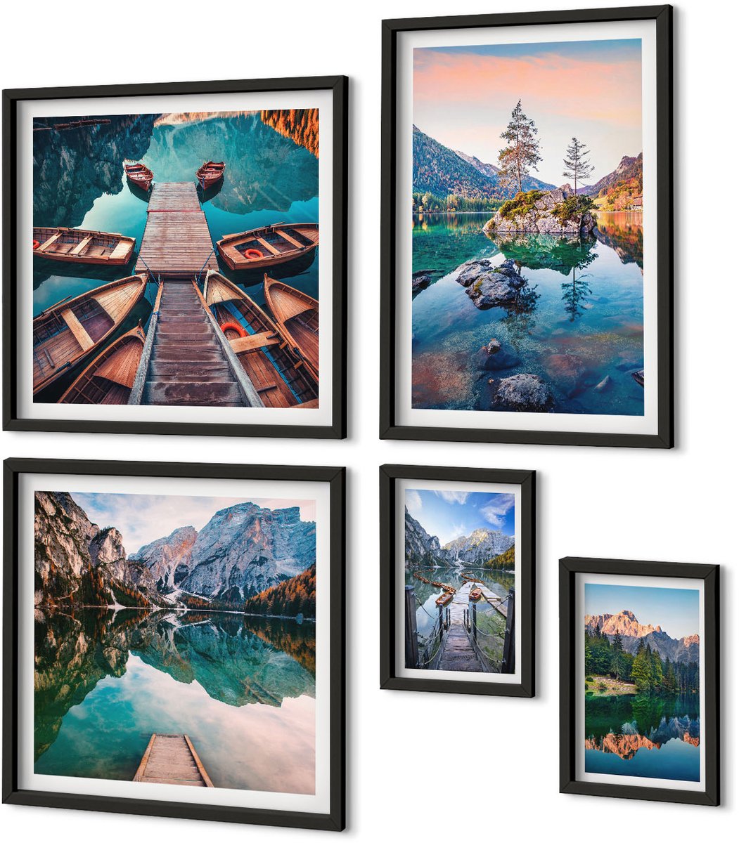 Coloray 5-Delige Schilderij Set - Berglandschappen Met Meren En Schilderachtige Uitzichten - 50 x 50 cm, 20 x 30 cm En 40 x 60 cm - Moderne Wanddecoratie - Slaapkamer - Stijlvolle Muurdecoratie
