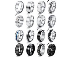 CASSIECA 16 stuks ringen voor heren, zilver, zwart, roestvrij staal, draaibare ringen, anti-angst-ring, bruiloft - ShopVlot