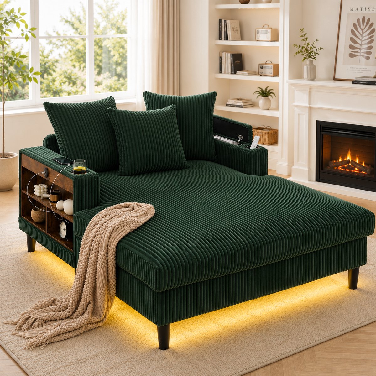 Multifunctionele corduroy chaise longue - Geschikt voor woonkamer en appartement - Grijs - Ingebouwde LED-sfeerverlichting en USB-oplaadpoort - Opbergvak en 3 bijpassende kussens