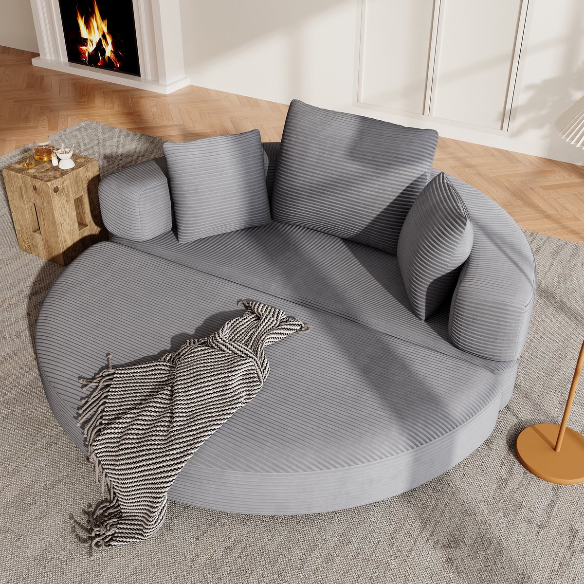 2-in-1 slaapsofa - transformeerbaar tot ovaal bed - 2 personen, 173x176 cm - grijs - corduroy bekleding - ovaal bed met opstaande rand - 3 kussens inbegrepen - geen montage nodig