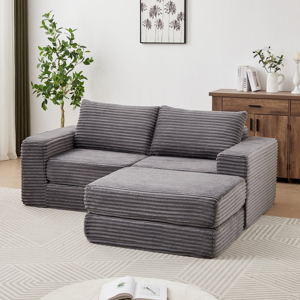 Slaapbank 2-in-1 met afneembare voetenbank - modulair en vrij te combineren - 2-3 persoons - Grijs - corduroy stof met klassieke armleuningen - incl. 2 kussens