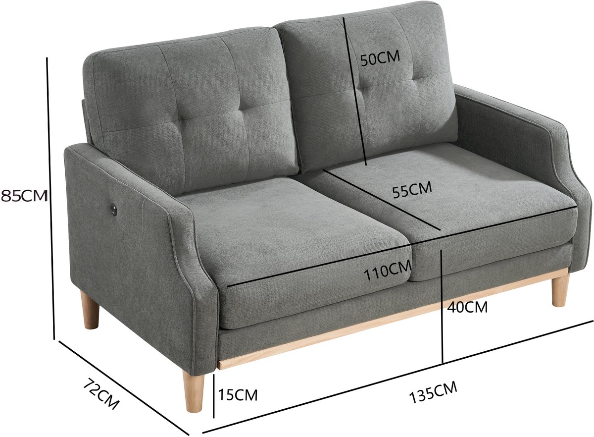 2-zits loveseat bank - Voor woonkamer, slaapkamer en kantoor - 2-persoons - Stof - USB-oplaadpoort & houten poten - Waterafstotend polyester - Knopengetuft rugkussen