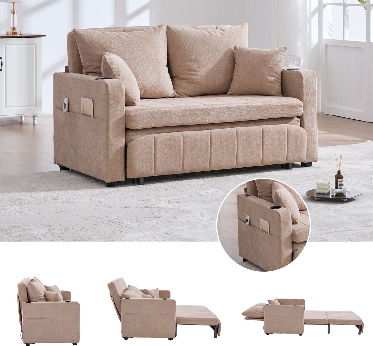 Uitklapbare slaapbank met USB-poort - Geschikt als sofa en gastenbed - 2-zits - Khaki chenille - Inclusief 4 kussens en bekerhouders - Opbergvakken in de armleuningen