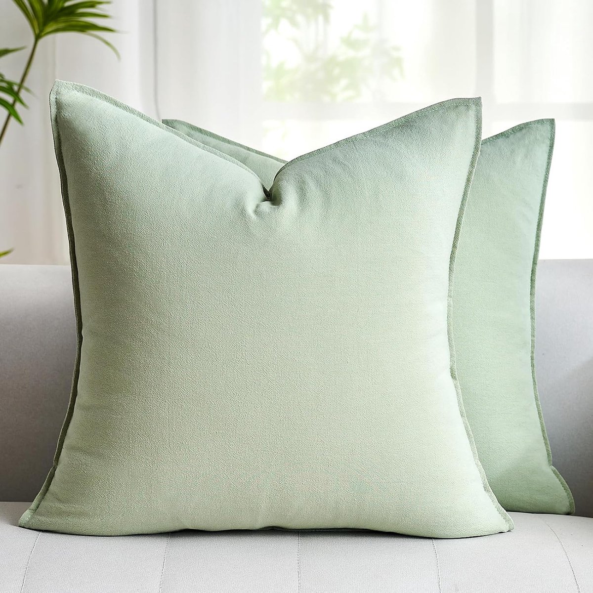 Set of 2 Sage Green Square Boho Pillow Cover Cotton Linen Soft Farmhouse Cushion Cover for Living Room Sofa Bedroom - ShopVlot