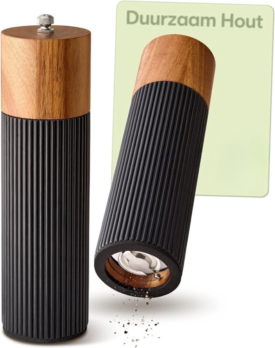 Verte Zout en Peper Molen Set - Zout- en Pepermolen Set van Acaciahout – Elegant Ontwerp met Keramische Maalschijven – Traploos Instelbaar en Duurzaam – Zwart – Groot