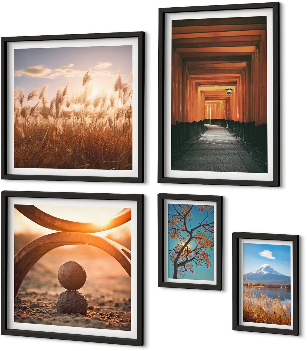 Coloray 5-Delige Schilderij Set - Rustgevende Natuurlandschappen Met Zen- En Harmonie-Motieven. - 50 x 50 cm, 20 x 30 cm En 40 x 60 cm - Muurdecoratie - Wanddecoratie - Hal - Decoratieve Schilderijen