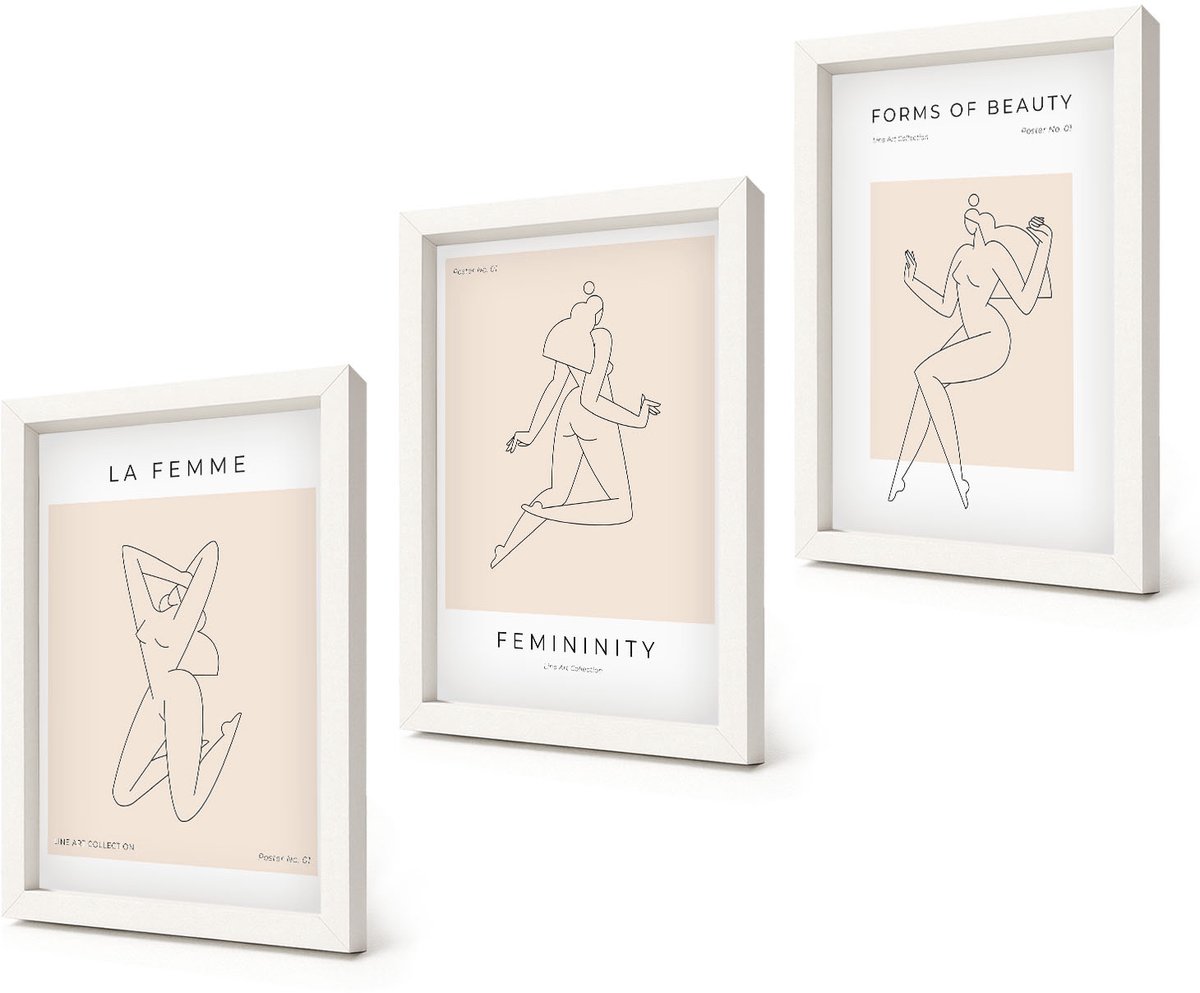 Coloray 3-Delige Schilderij Set - Lineaire silhouetten van vrouwen in minimalistische posters - 20x30 - Muurdecoratie - Interieur Decoratie