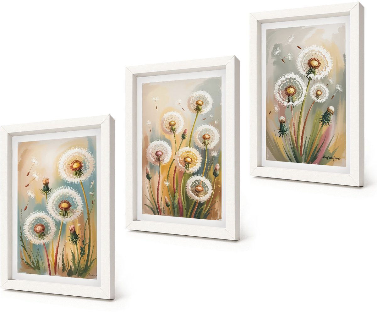 Coloray 3-Delige Schilderij Set - Paardenbloemen tegen een pastelkleurige grasachtergrond - 20x30 - Schilderijen Set - Wanddecoratie - Woonkamer - Woonkamer Decoratie