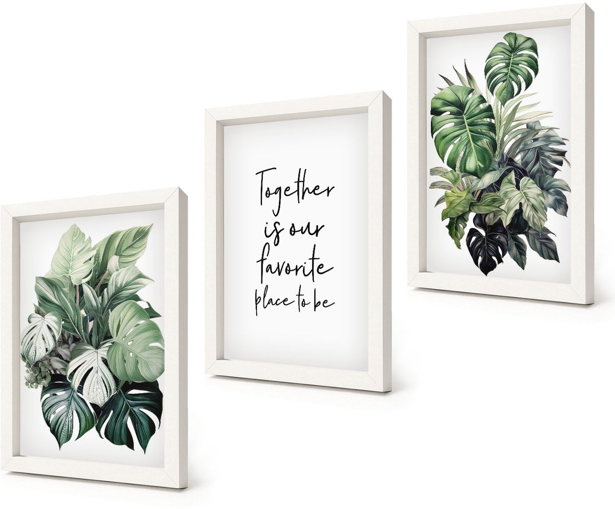 Coloray 3-Delige Schilderij Set - Groene bladeren van tropische planten met decoratieve inscriptie - 20x30 - Moderne Wanddecoratie - Slaapkamer