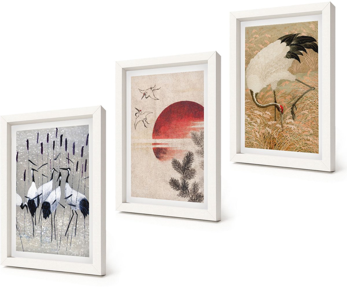 Coloray 3-Delige Schilderij Set - Illustraties van Japanse kraanvogels Japandi Landschap - 20x30 - Wanddecoratie - Schilderijen Set - Interieur - Muurdecoratie