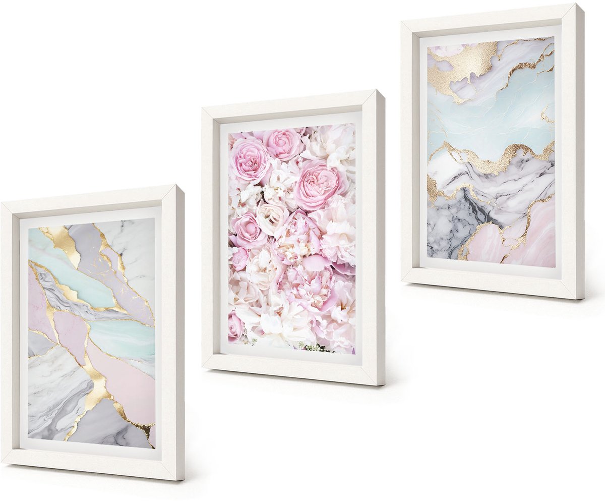 Coloray 3-Delige Schilderij Set - Roze bloemen met marmer- en pastelpatronen - 20x30 - Muurdecoratie - Schilderijen Set - Woonkamer - Woonkamer Decoratie