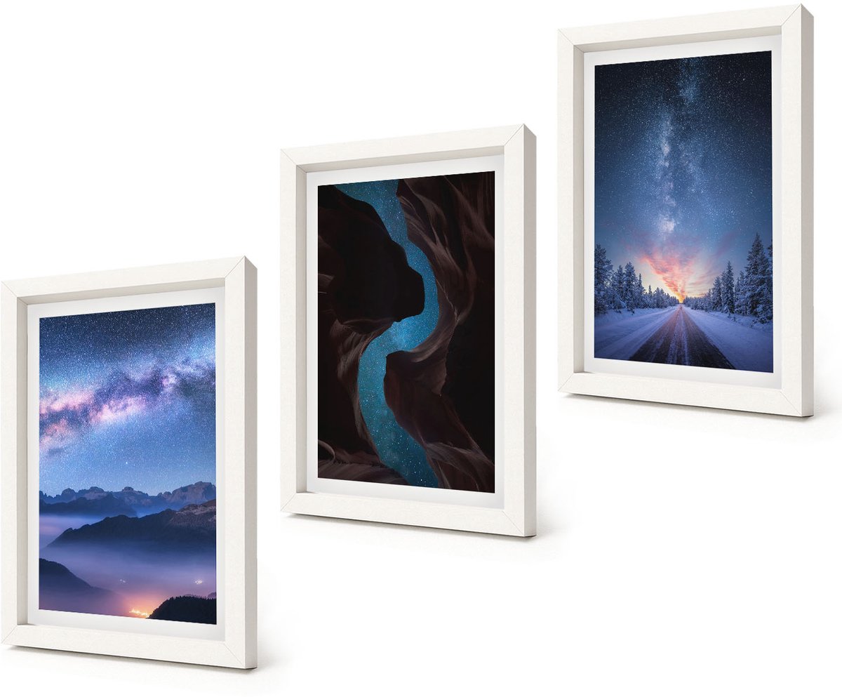 Coloray 3-Delige Schilderij Set - Nachtelijke hemel, bergen, kloof en winterlandschap - 20x30 - Decoratieve Schilderijen - Woonkamer - Interieur
