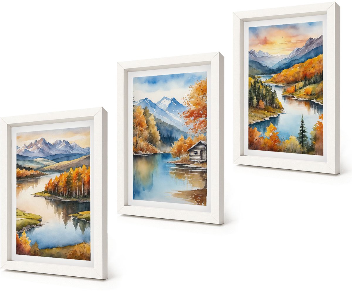 Coloray 3-Delige Schilderij Set - Herfstlandschap in de bergen met een rivier en een huisje aan het water. - 20x30 - Decoratieve Muurdecoratie - Slaapkamer - Interieur Decoratie