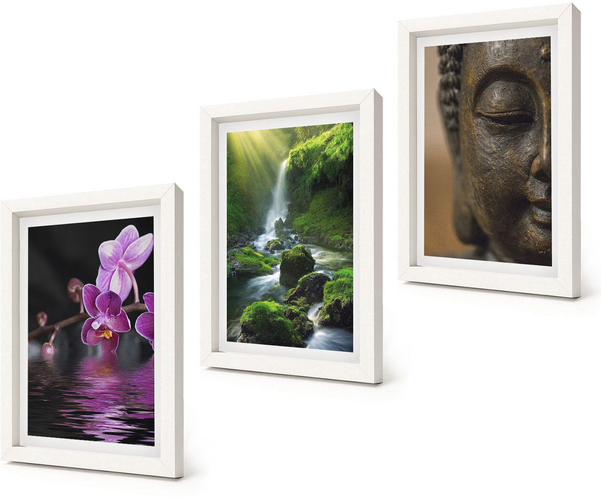 Coloray 3-Delige Schilderij Set - Bloemen in het water, waterval met groene rotsen, Boeddha - 20x30 - Stijlvolle Muurdecoratie - Slaapkamer - Woonkamer Decoratie