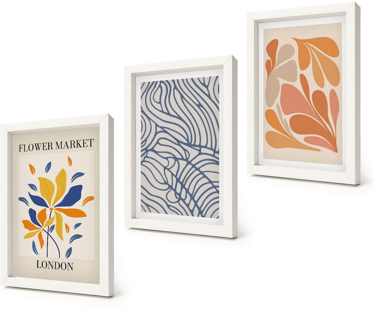 Coloray 3-Delige Schilderij Set - Moderne bloemen met abstracte patronen - 20x30 - Decoratieve Muurdecoratie - Slaapkamer - Decoratieve Schilderijen