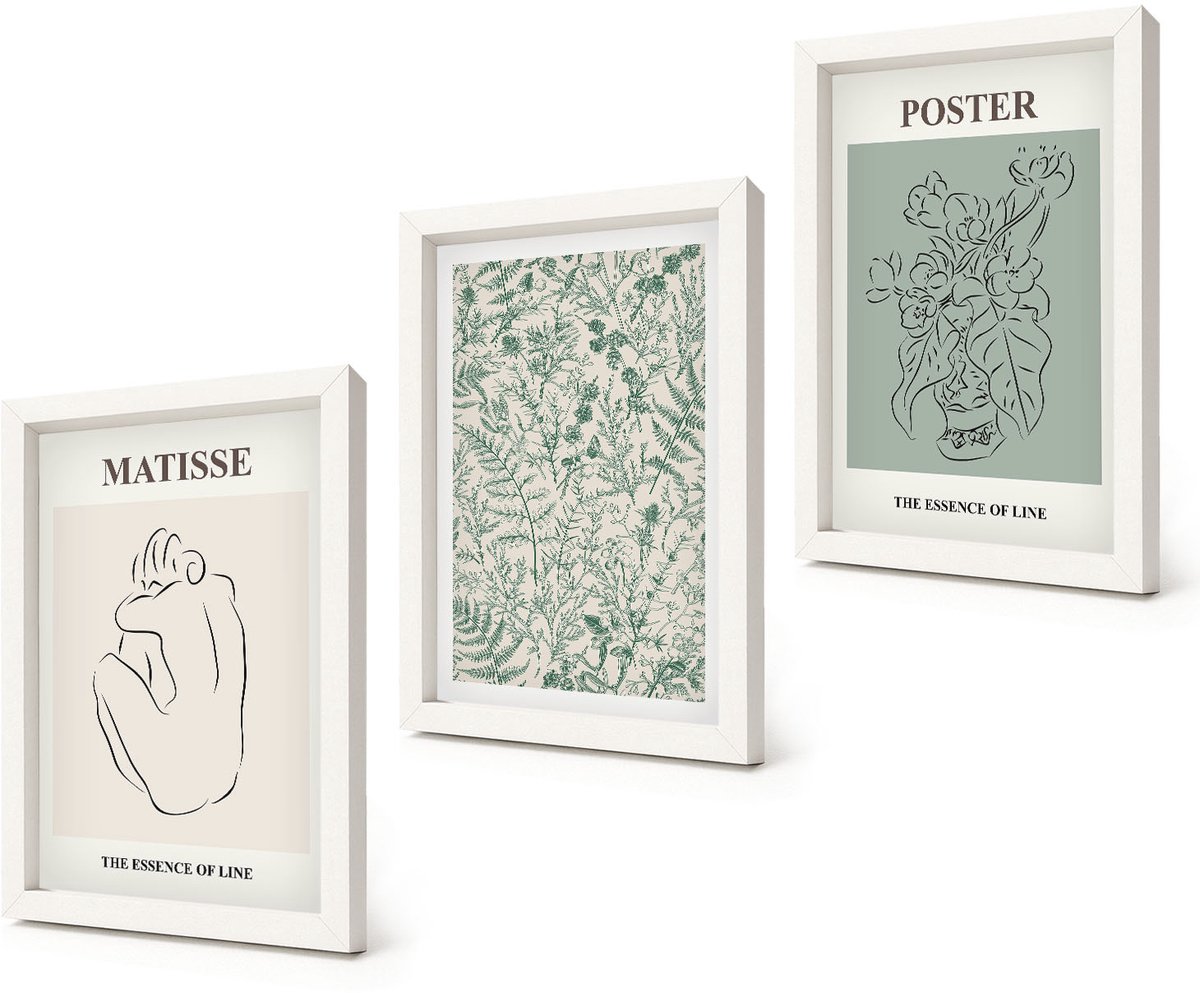 Coloray 3-Delige Schilderij Set - Lijnen en plantmotieven in een minimalistische stijl. - 20x30 - Muurdecoratie - Interieur Decoratie - Stijlvolle Muurdecoratie