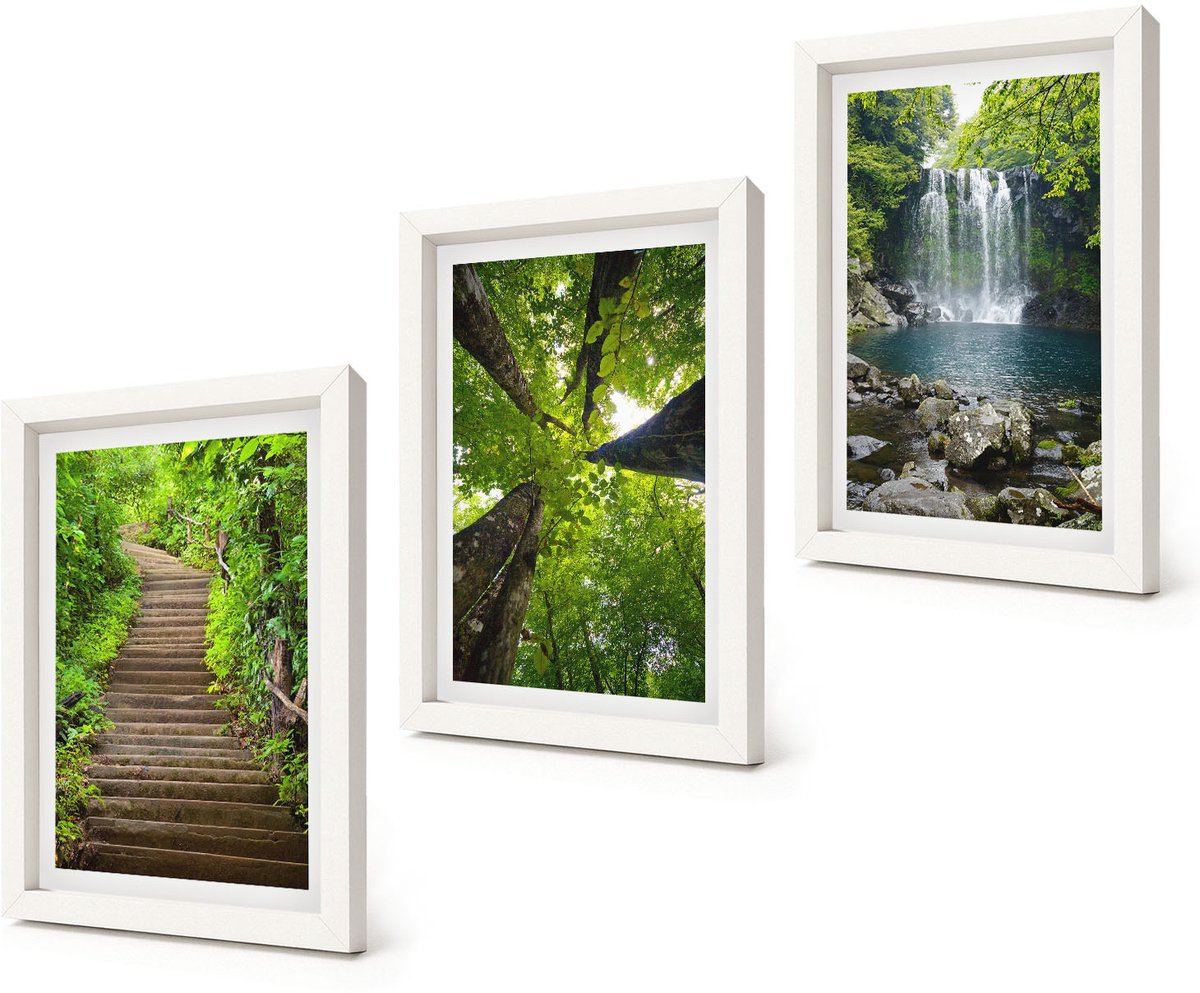 Coloray 3-Delige Schilderij Set - Bospad met waterval en groene vegetatie - 20x30 - Moderne Wanddecoratie - Woonkamer