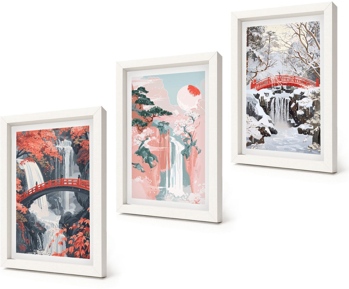 Coloray 3-Delige Schilderij Set - Watervallen in verschillende seizoenen met bruggen en bomen. - 20x30 - Wanddecoratie - Muurdecoratie - Woonkamer