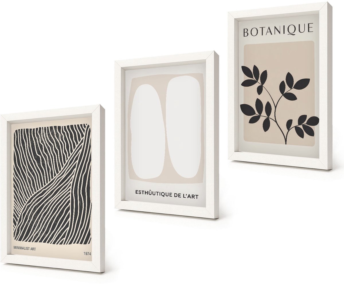 Coloray 3-Delige Schilderij Set - Bloemenpatronen en minimalistische lijnen in neutrale kleuren. - 20x30 - Decoratieve Schilderijen - Woonkamer - Interieur - Muurdecoratie