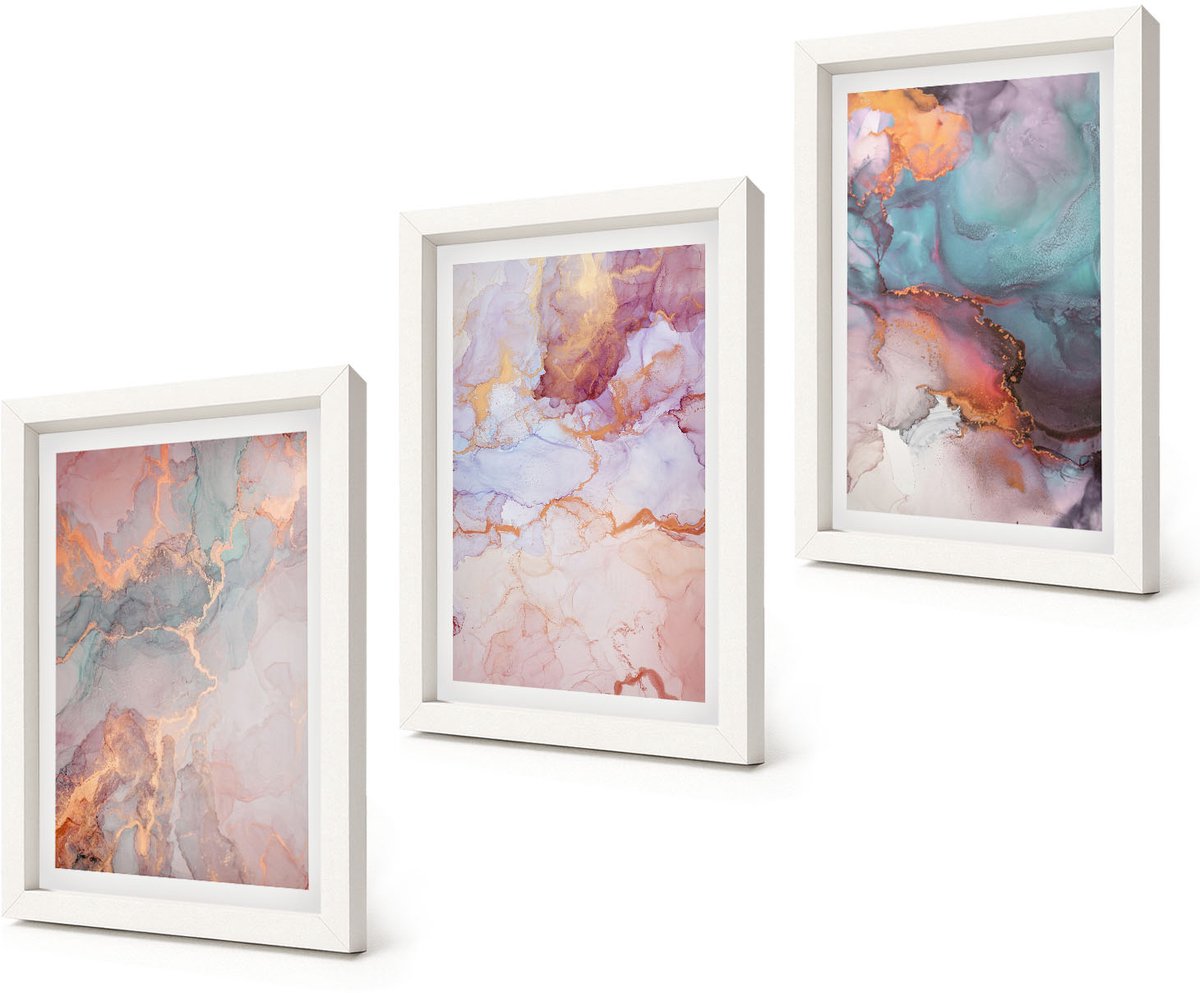 Coloray 3-Delige Schilderij Set - Abstracte patronen in pastelkleuren met accenten - 20x30 - Wanddecoratie - Woonkamer Decoratie