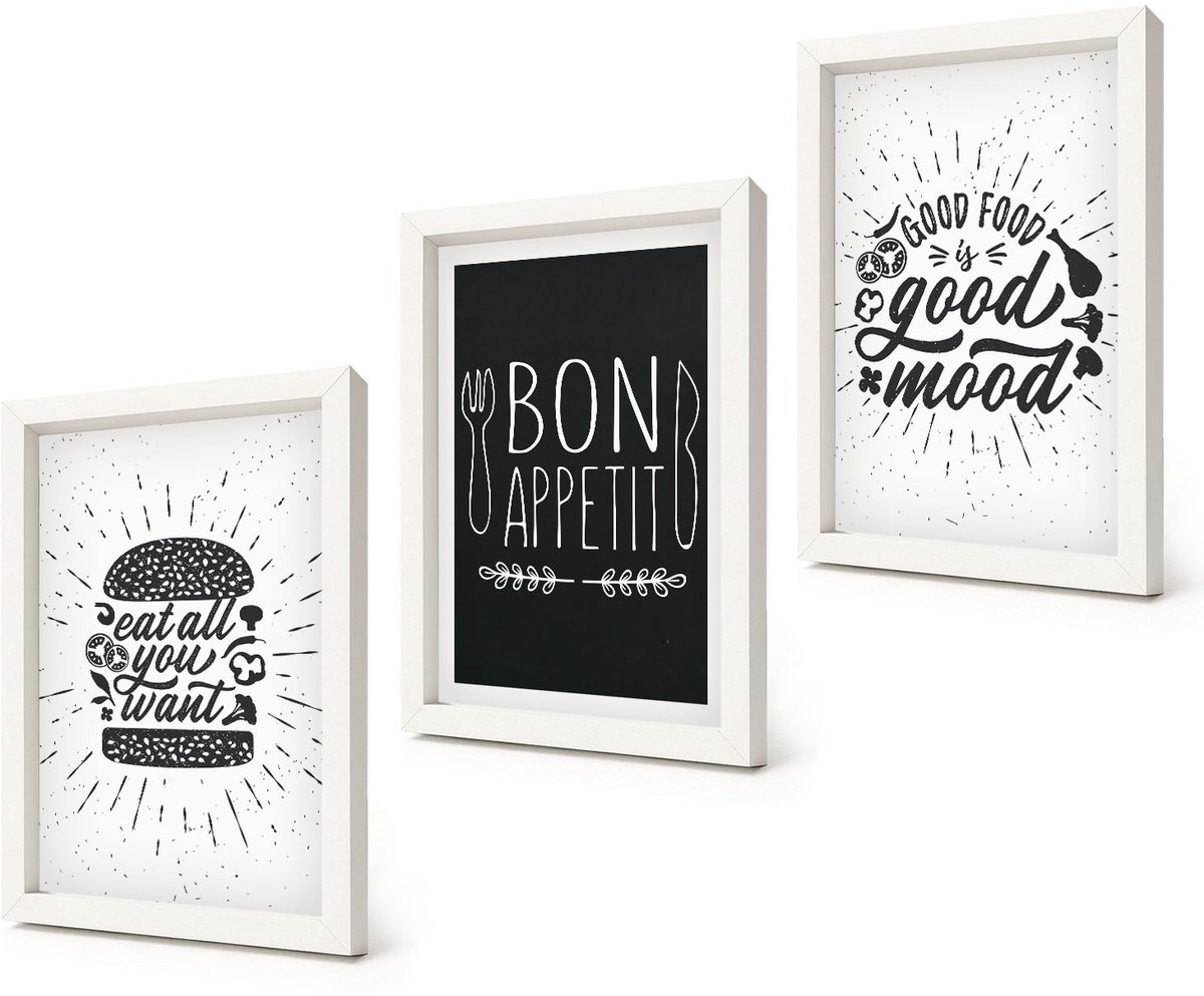 Coloray 3-Delige Schilderij Set - Voedselafbeeldingen en culinaire slogans - 20x30 - Decoratieve Schilderijen - Wanddecoratie - Hal - Woonkamer Decoratie