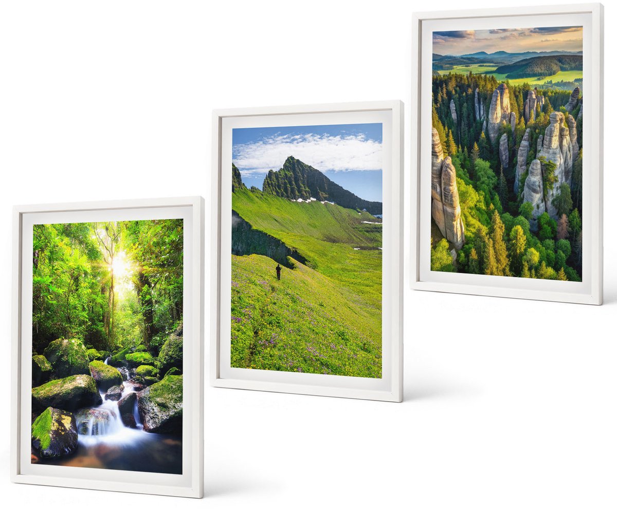 Coloray 3-Delige Schilderij Set - Groene Berglandschappen Met Waterval En Bos - 40 x 60 - Wanddecoratie - Moderne Interieurdecoratie - Moderne Wanddecoratie